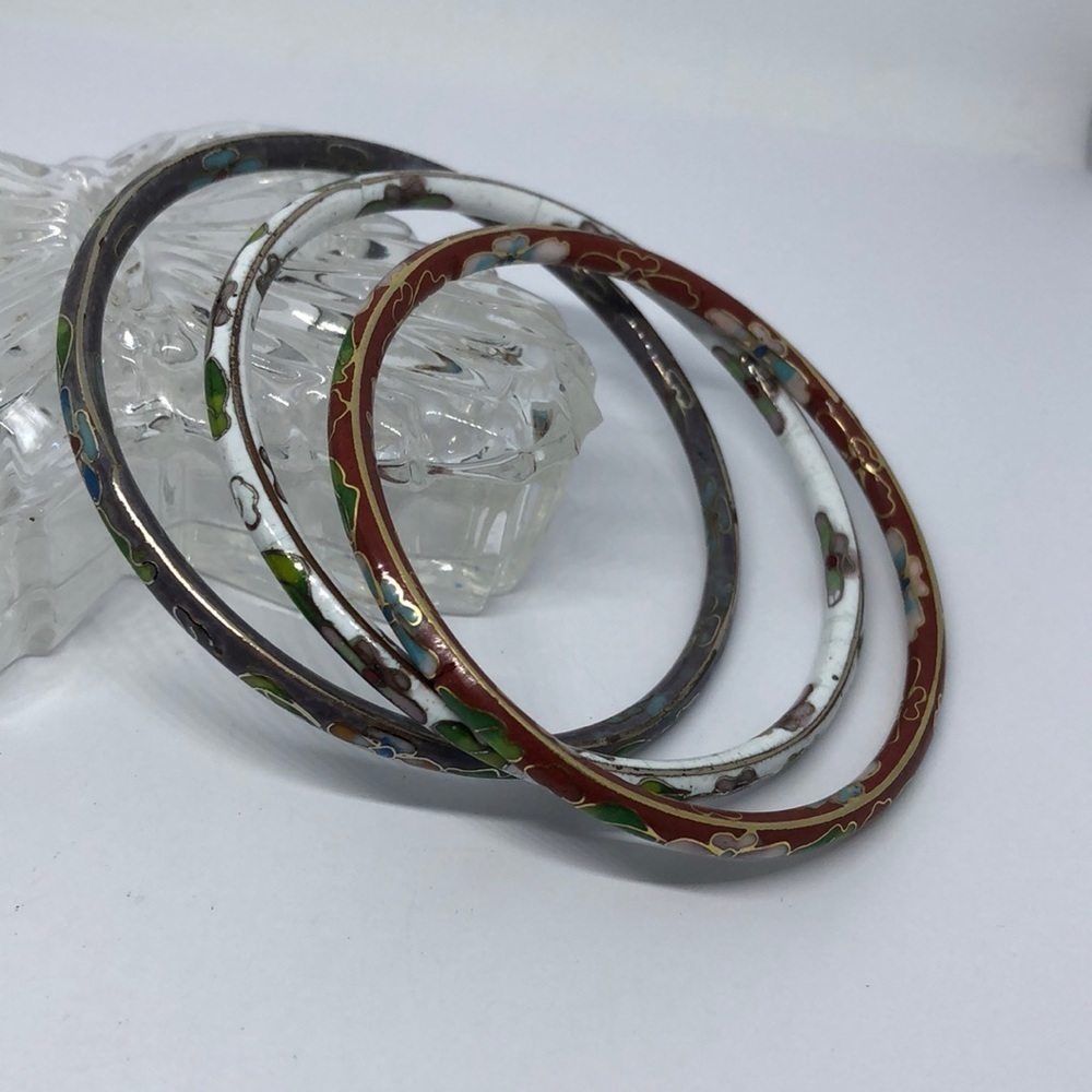 BUNDLE lot 3 vintage cloisonné bangle bracelets boho multicolor stackable layer.